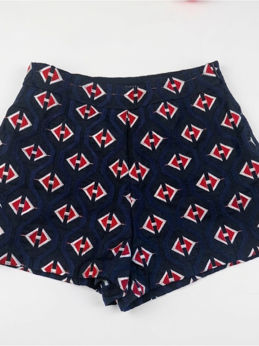 English Factory Navy Shorts with Red and White Geometric Embroidery XS